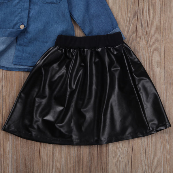 Stylish Denim Top & Leather Skirt Set