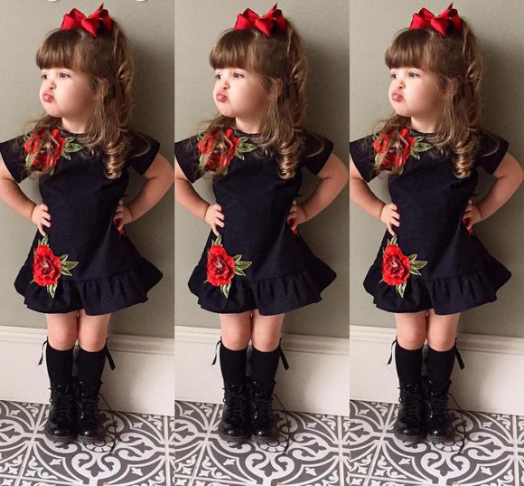 Rose Embroided Black Dress