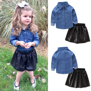 Stylish Denim Top & Leather Skirt Set