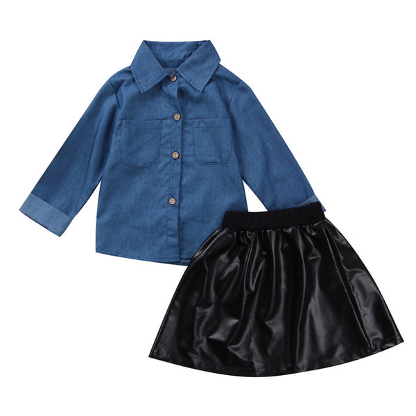 Stylish Denim Top & Leather Skirt Set